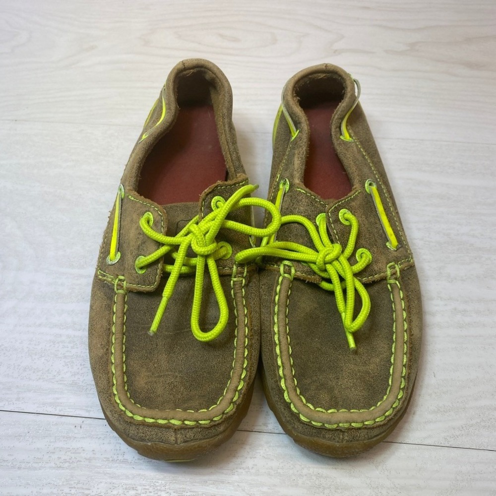 Twisted X Womens 6M Driving Moc Shoes Brown Neon Green Leather WDM0010 Loafers